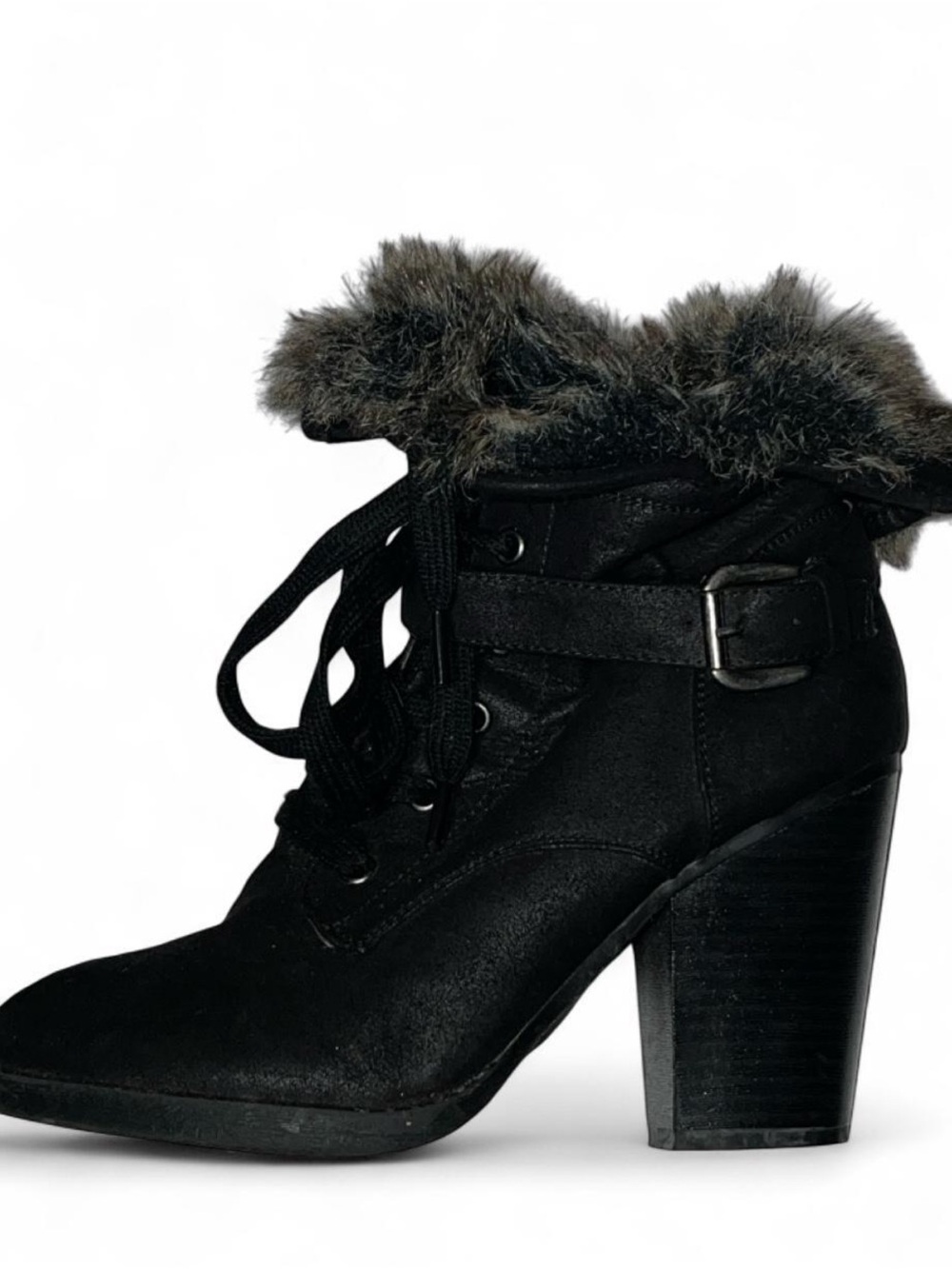 Women’s Black Faux Fur Lace-Up Ankle Boots Sz 8